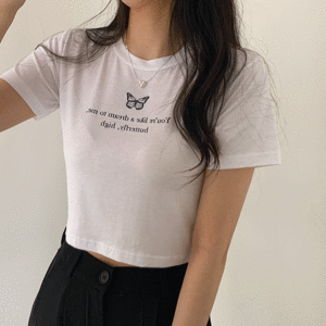 [하이틴룩!/몸매보정] 터블 나비 레터링 크롭 반팔 티셔츠 (4color) - 더핑크