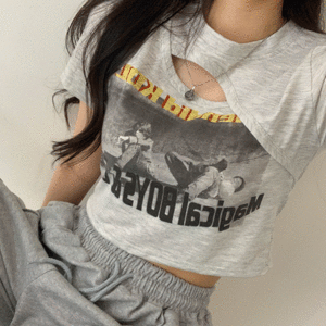 [유니크포인트!] 달핀 프린팅 트임 반팔 크롭 티셔츠 (3color) - 더핑크