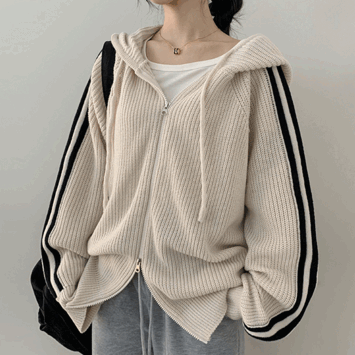 [간절기/봄옷] 코타 투웨이  오버핏 배색 라인 니트 후드집업 (4color) - 더핑크
