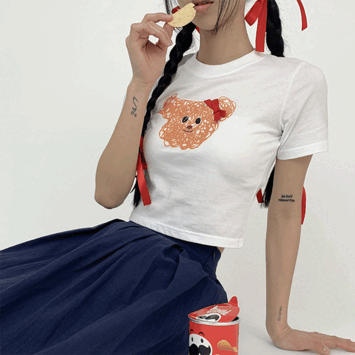[MADE/러블리키치/여름옷] 뭉키 리본 곰돌이 리본 크롭 반팔티 (4color) - 더핑크