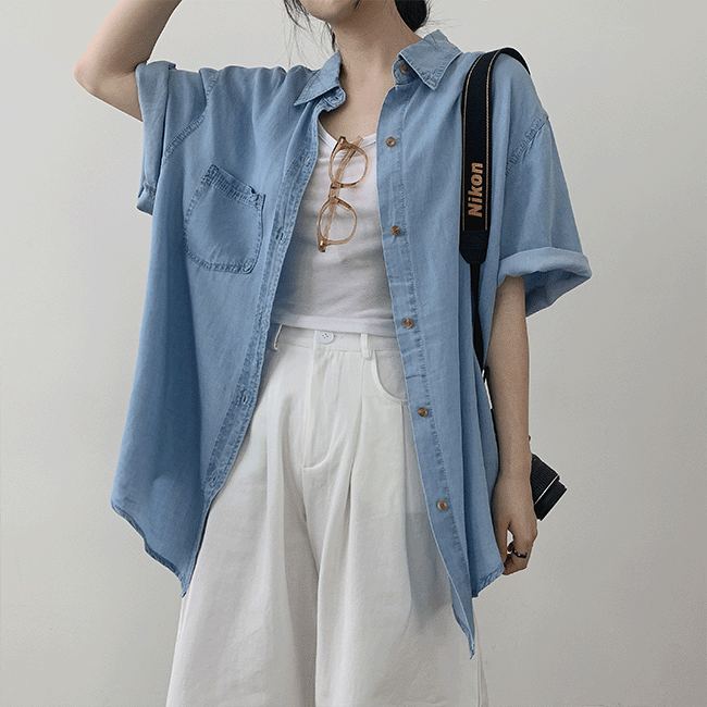 [쿨링원단/y2k/여름옷] 무브 오버핏 반팔 데님 셔츠 (2color) - 더핑크