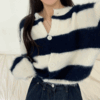 니시 루즈핏 단가라 크롭 앙고라 가디건 (3color) [파티룩/하이틴룩/스트라이프] - 더핑크